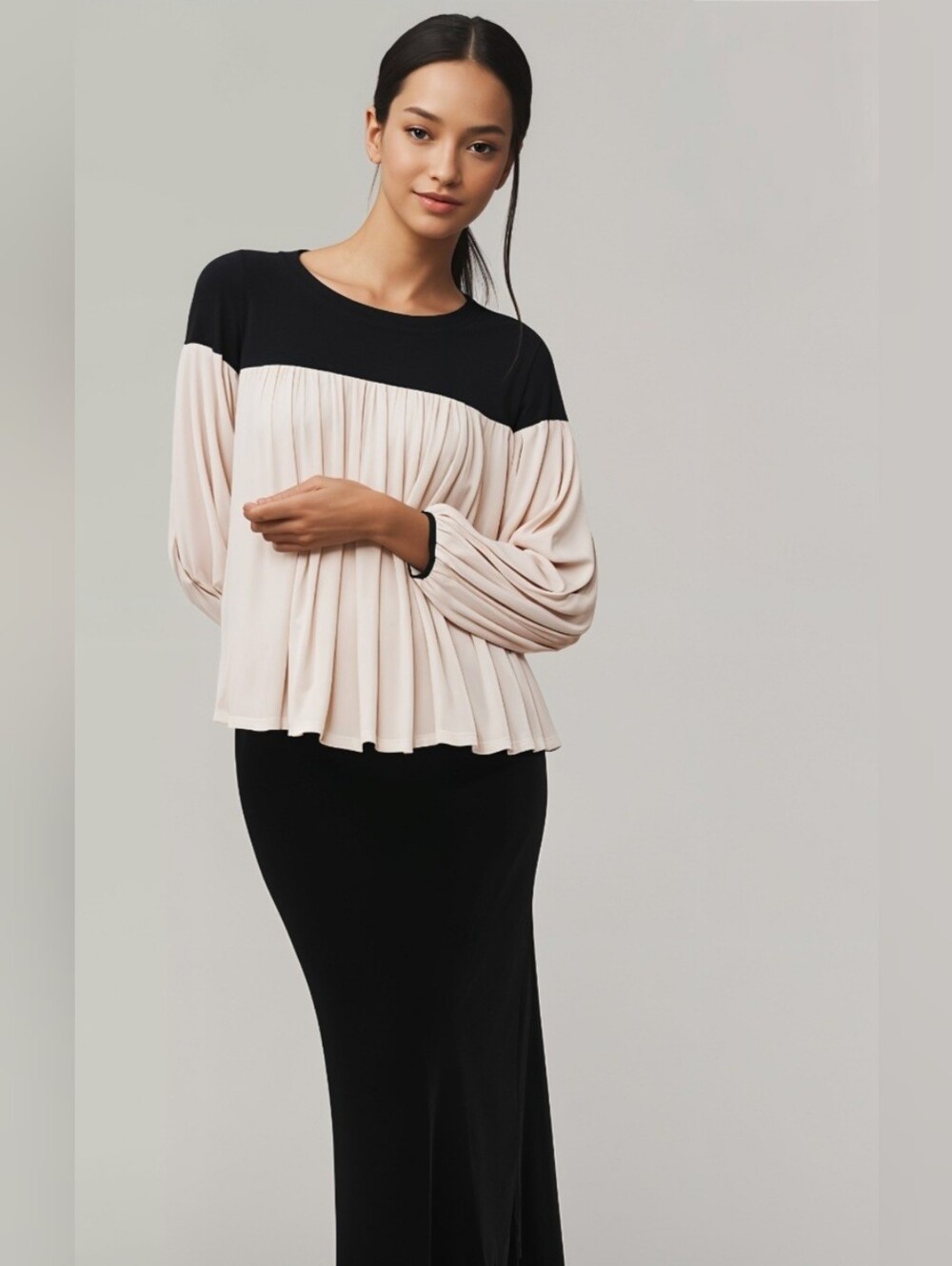 Pleated Black and Pink Color Block Long Sleeve Top